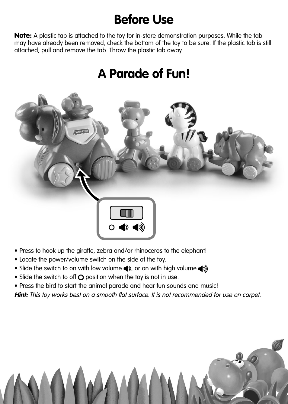 A parade of fun, Before use | Fisher-Price N1393 User Manual | Page 3 / 4