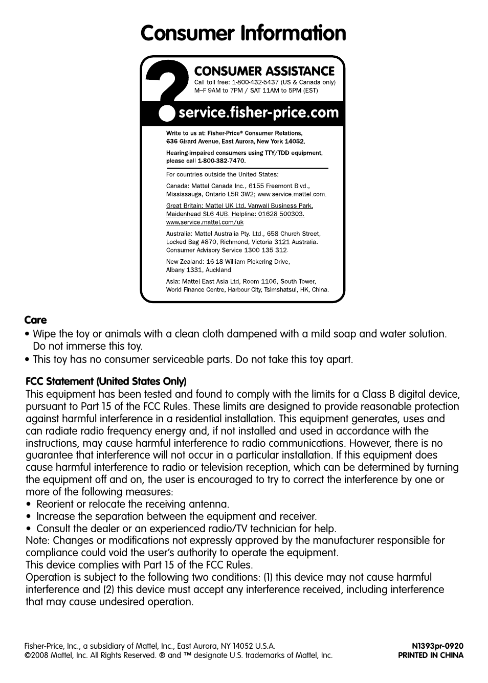 Consumer information | Fisher-Price N1393 User Manual | Page 4 / 4