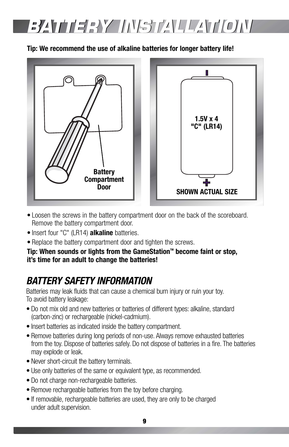 Battery installation, Battery safety information | Fisher-Price GAMESTATION C4492 User Manual | Page 10 / 140