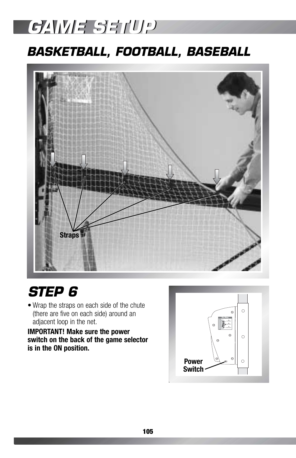Game setup, Step 6, Basketball, football, baseball | Power switch | Fisher-Price GAMESTATION C4492 User Manual | Page 106 / 140