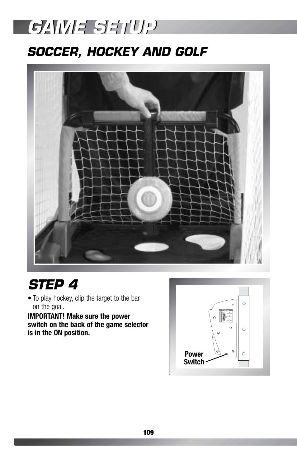 Game setup, Step 4, Soccer, hockey and golf | Power switch | Fisher-Price GAMESTATION C4492 User Manual | Page 110 / 140