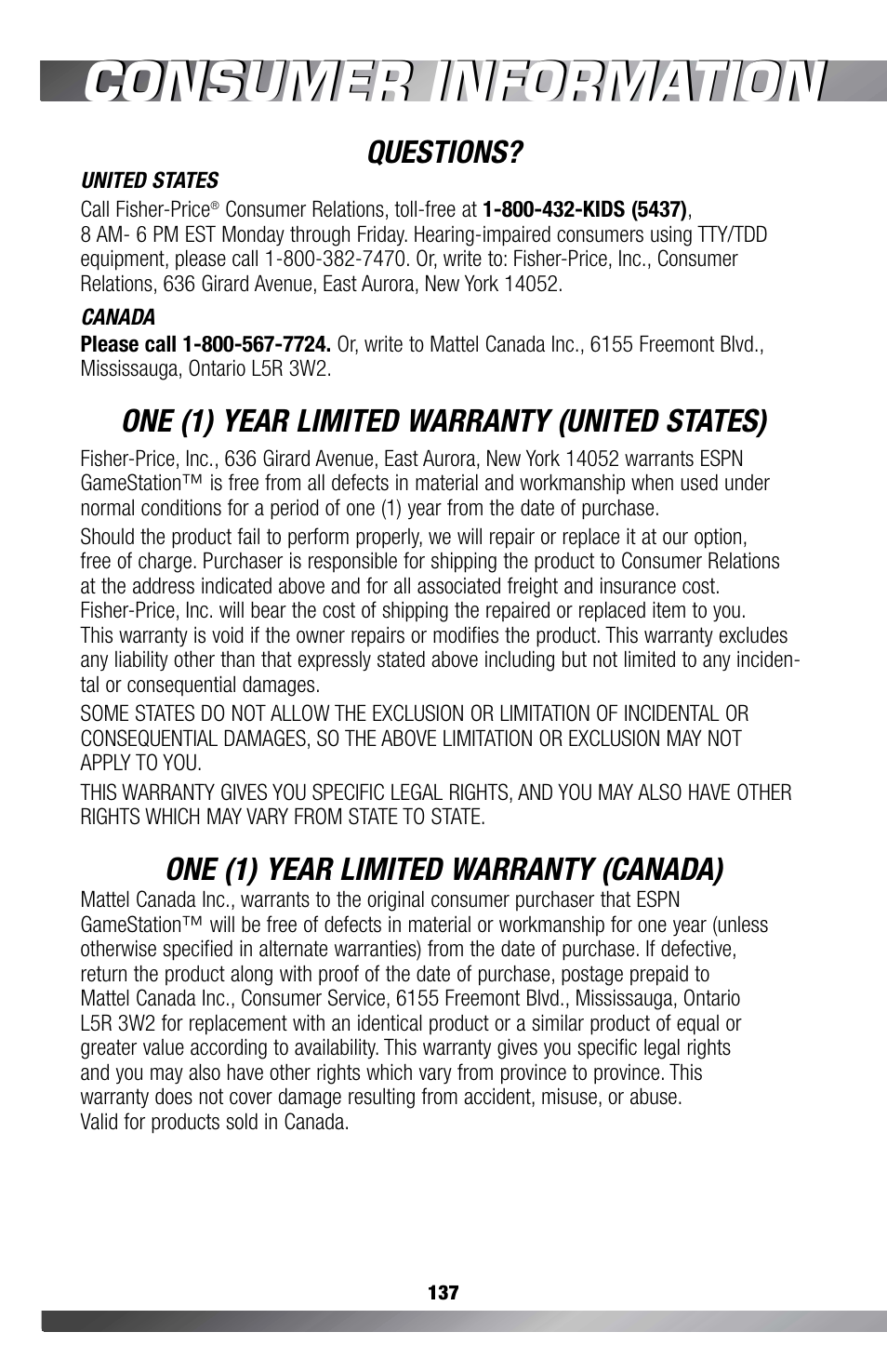Consumer information | Fisher-Price GAMESTATION C4492 User Manual | Page 138 / 140