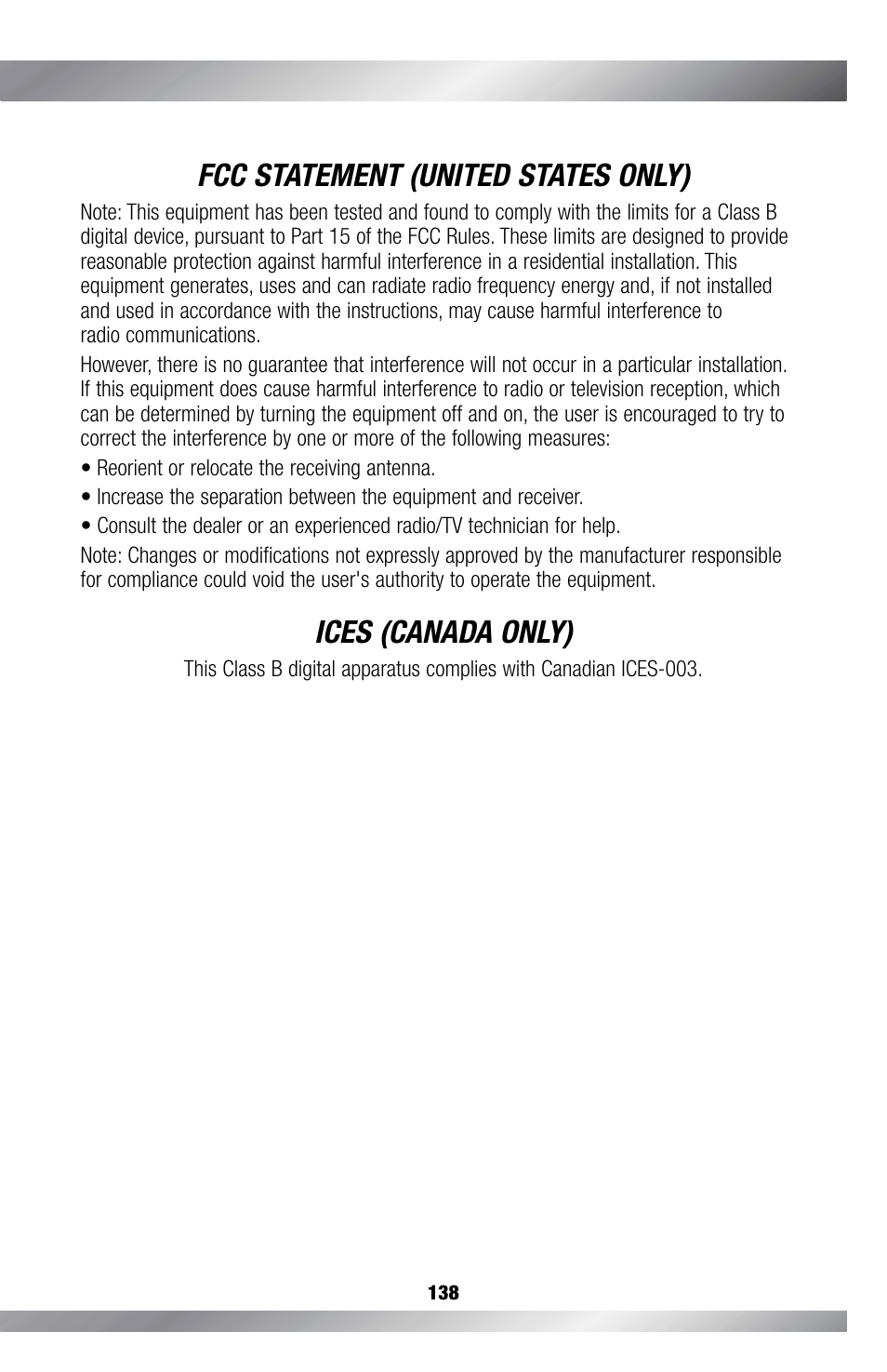 Fcc statement (united states only), Ices (canada only) | Fisher-Price GAMESTATION C4492 User Manual | Page 139 / 140