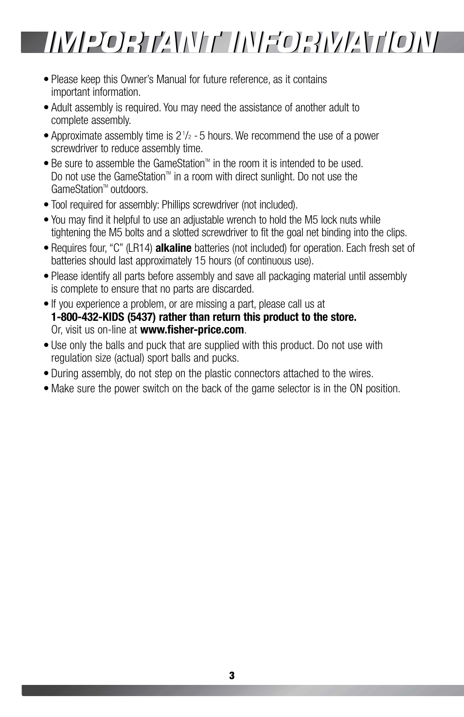 Important information | Fisher-Price GAMESTATION C4492 User Manual | Page 4 / 140
