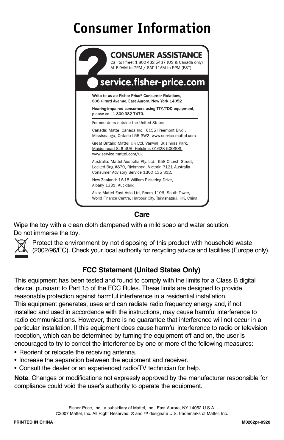 Consumer information | Fisher-Price IMAGINEXT M0262 User Manual | Page 4 / 4