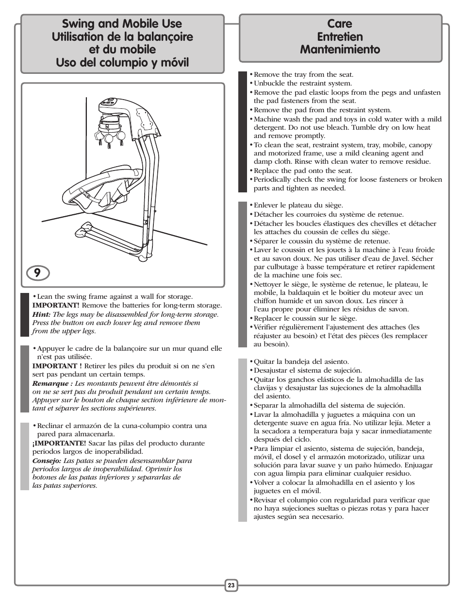 Care entretien mantenimiento | Fisher-Price P0097 User Manual | Page 23 / 24