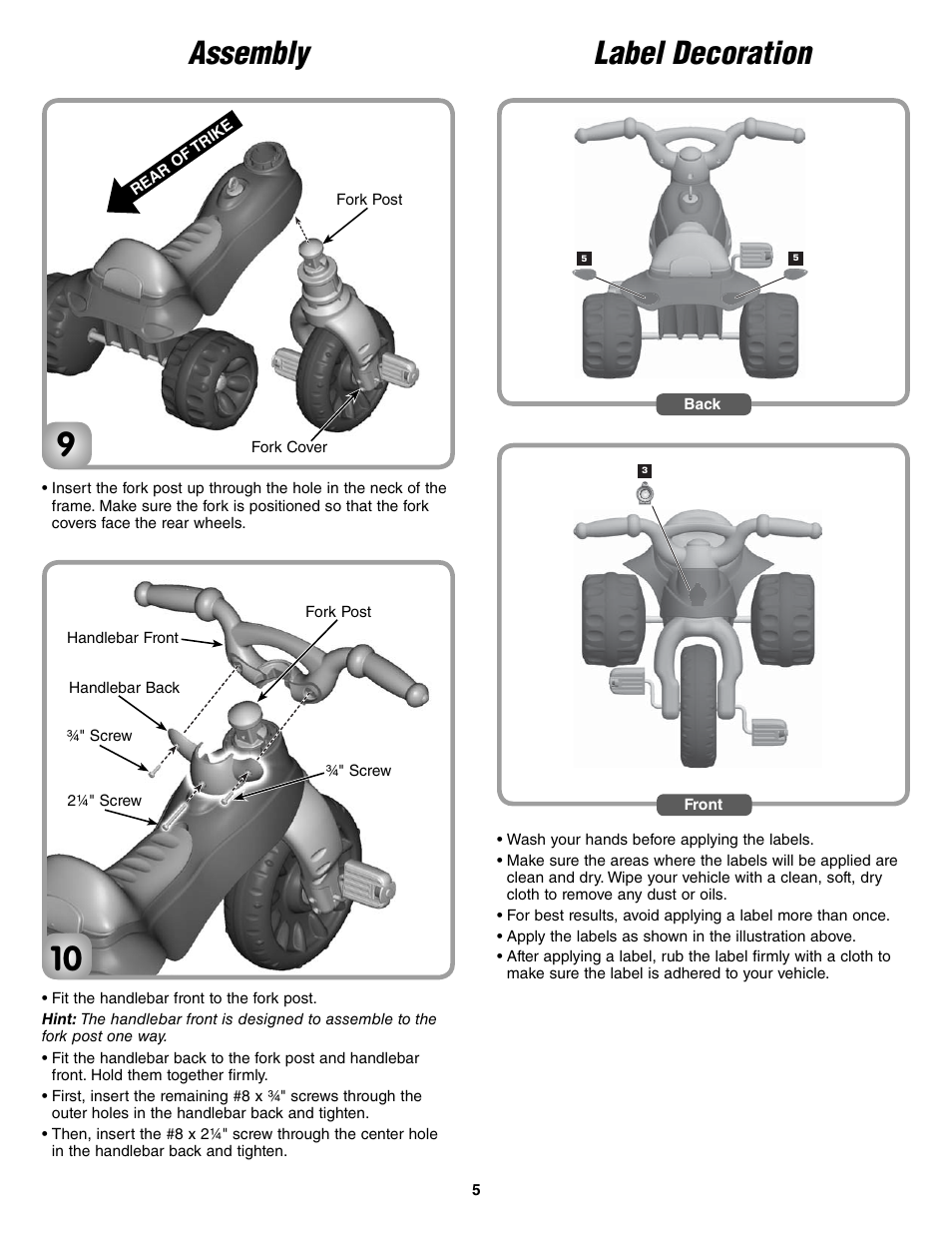 Assembly, Label decoration | Fisher-Price T6209 User Manual | Page 5 / 6