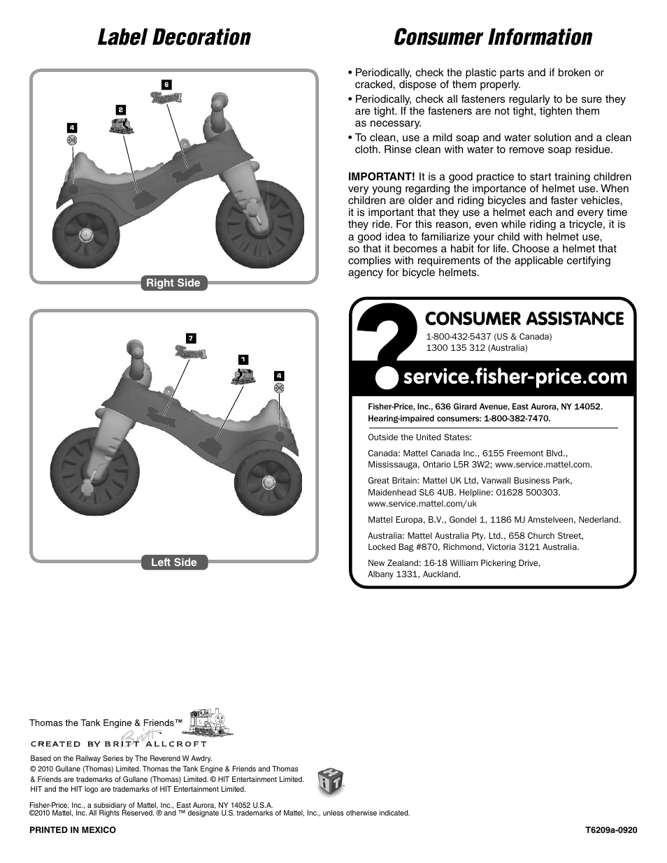 Label decoration, Consumer information, Consumer assistance | Fisher-Price T6209 User Manual | Page 6 / 6