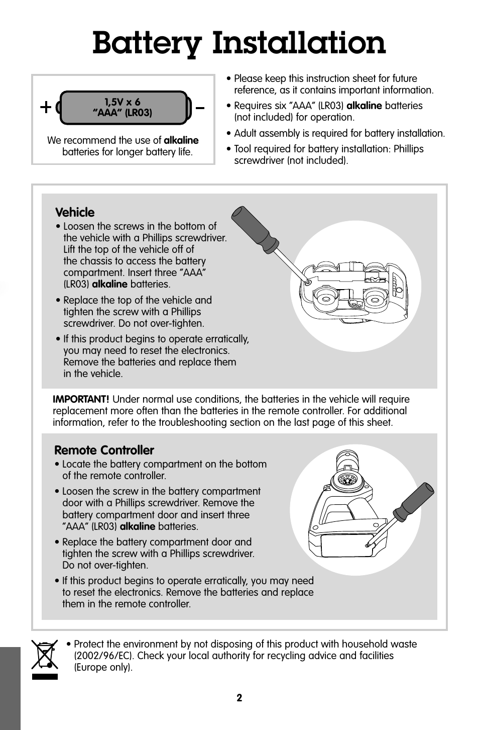 Battery installation | Fisher-Price GEOTRAX T6200 User Manual | Page 2 / 6