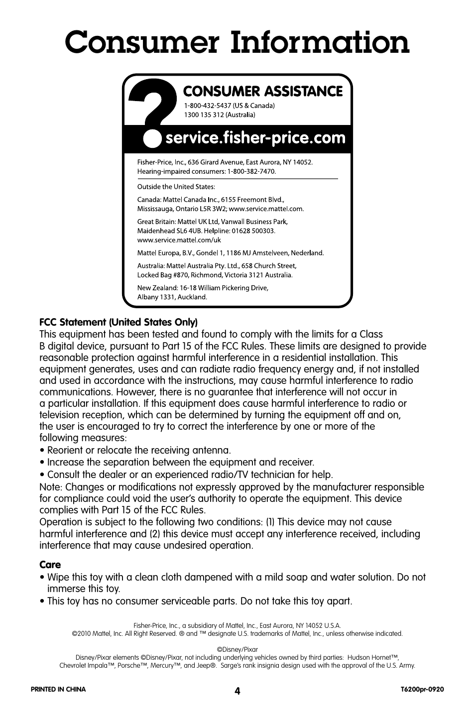 Consumer information | Fisher-Price GEOTRAX T6200 User Manual | Page 4 / 6