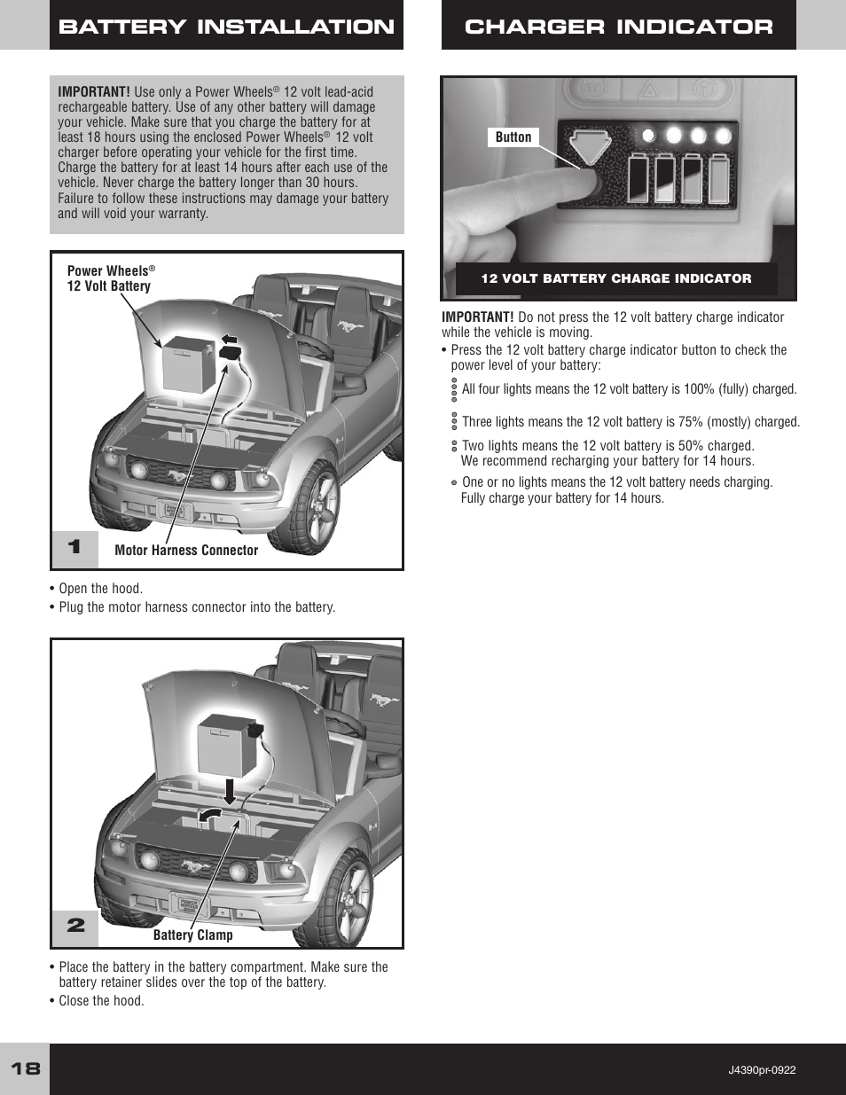 Battery installation, Charger indicator | Fisher-Price MUSTANG J4390 User Manual | Page 18 / 28