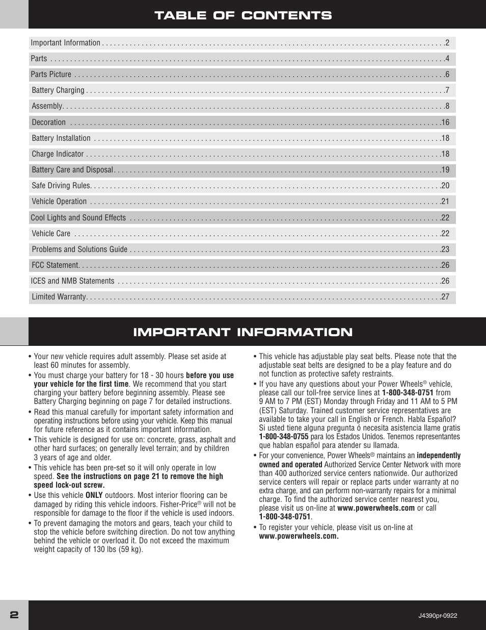 Important information table of contents | Fisher-Price MUSTANG J4390 User Manual | Page 2 / 28