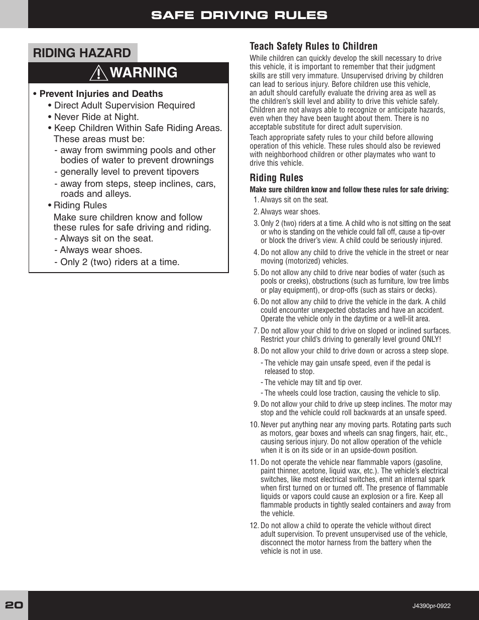 Warning, Riding hazard, Safe driving rules | Fisher-Price MUSTANG J4390 User Manual | Page 20 / 28