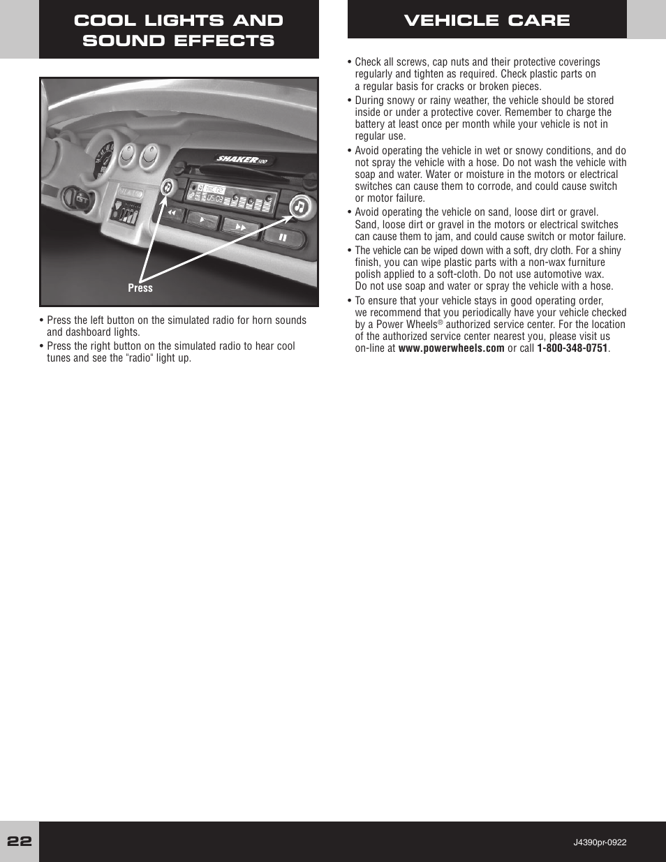 Vehicle care, Cool lights and sound effects | Fisher-Price MUSTANG J4390 User Manual | Page 22 / 28