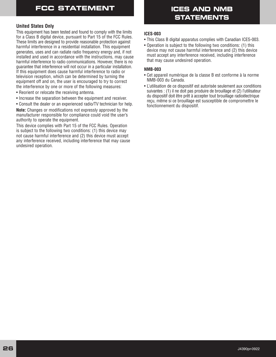 Fcc statement, Ices and nmb statements | Fisher-Price MUSTANG J4390 User Manual | Page 26 / 28