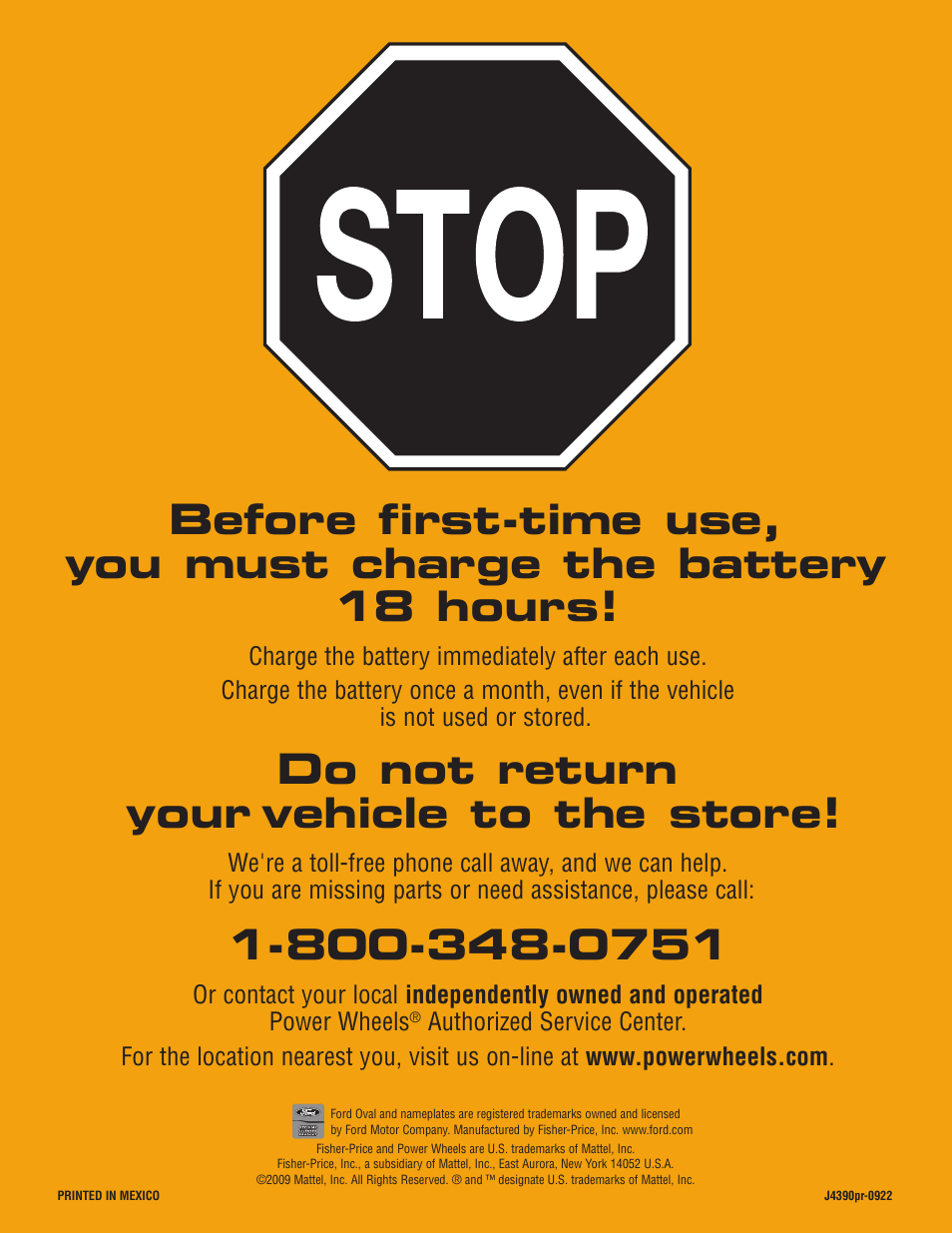 Do not return your vehicle to the store | Fisher-Price MUSTANG J4390 User Manual | Page 28 / 28