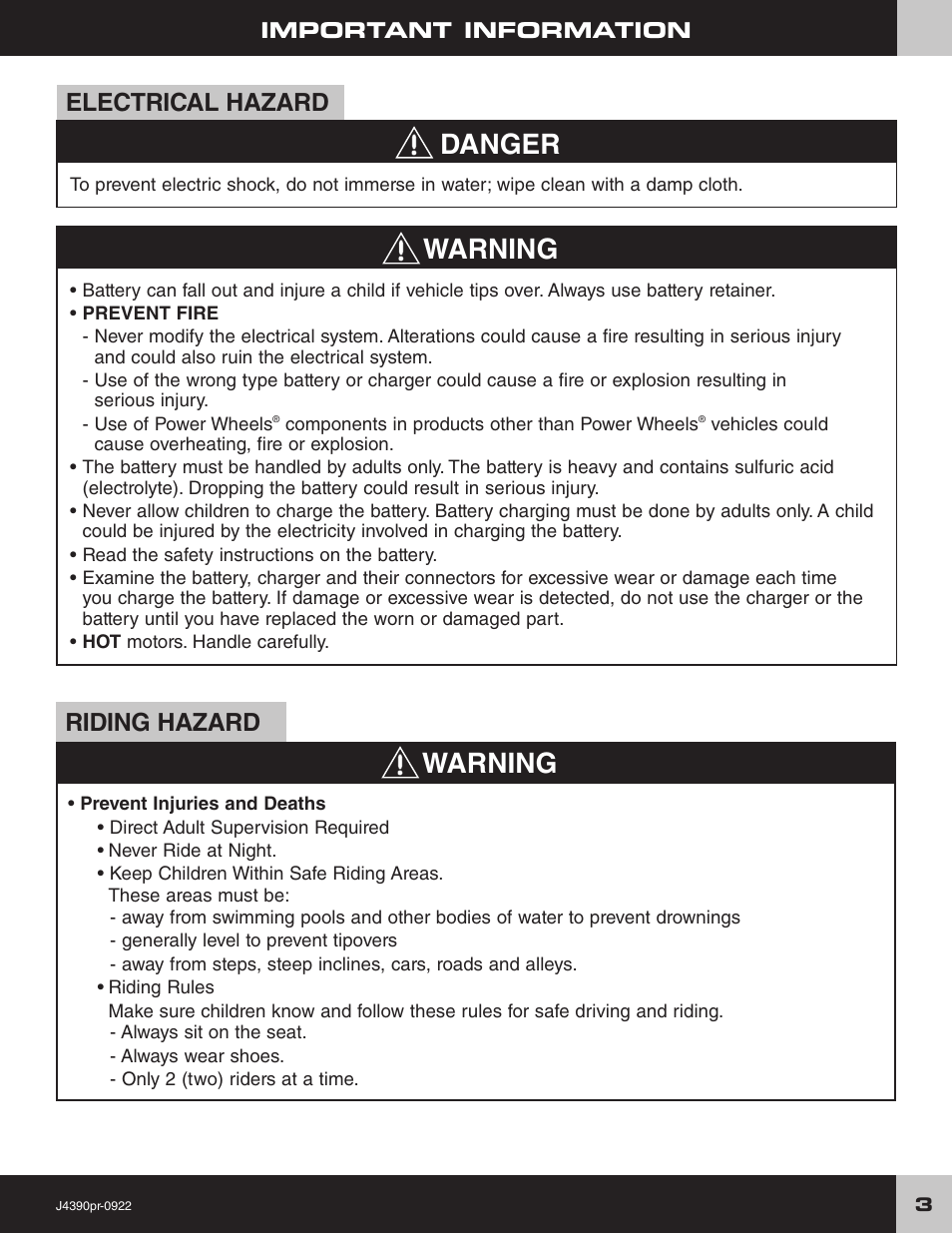 Warning, Danger, Riding hazard electrical hazard | Fisher-Price MUSTANG J4390 User Manual | Page 3 / 28