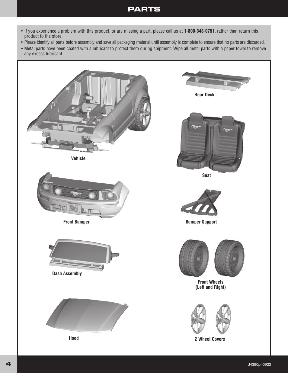 Parts | Fisher-Price MUSTANG J4390 User Manual | Page 4 / 28