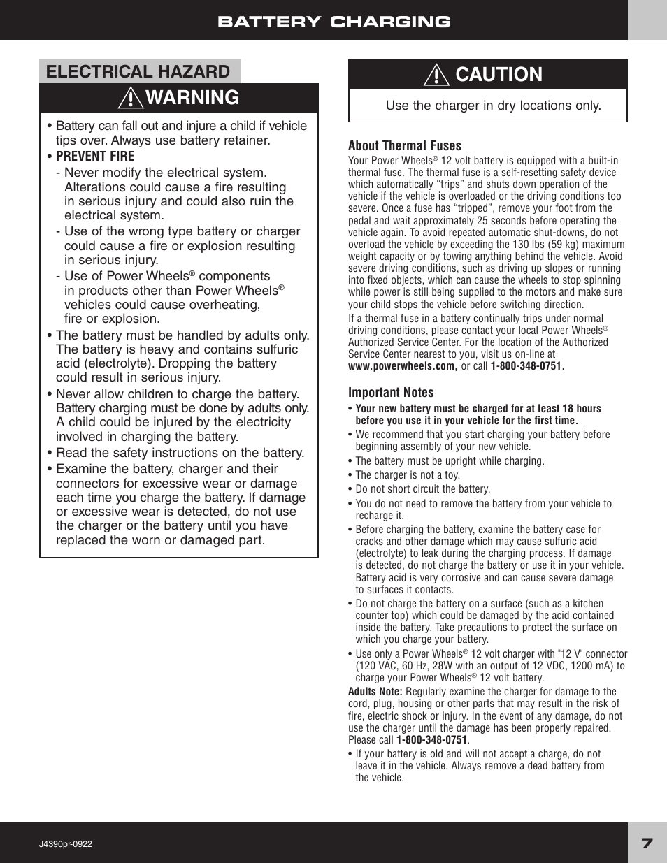 Caution, Warning, Electrical hazard | Battery charging | Fisher-Price MUSTANG J4390 User Manual | Page 7 / 28