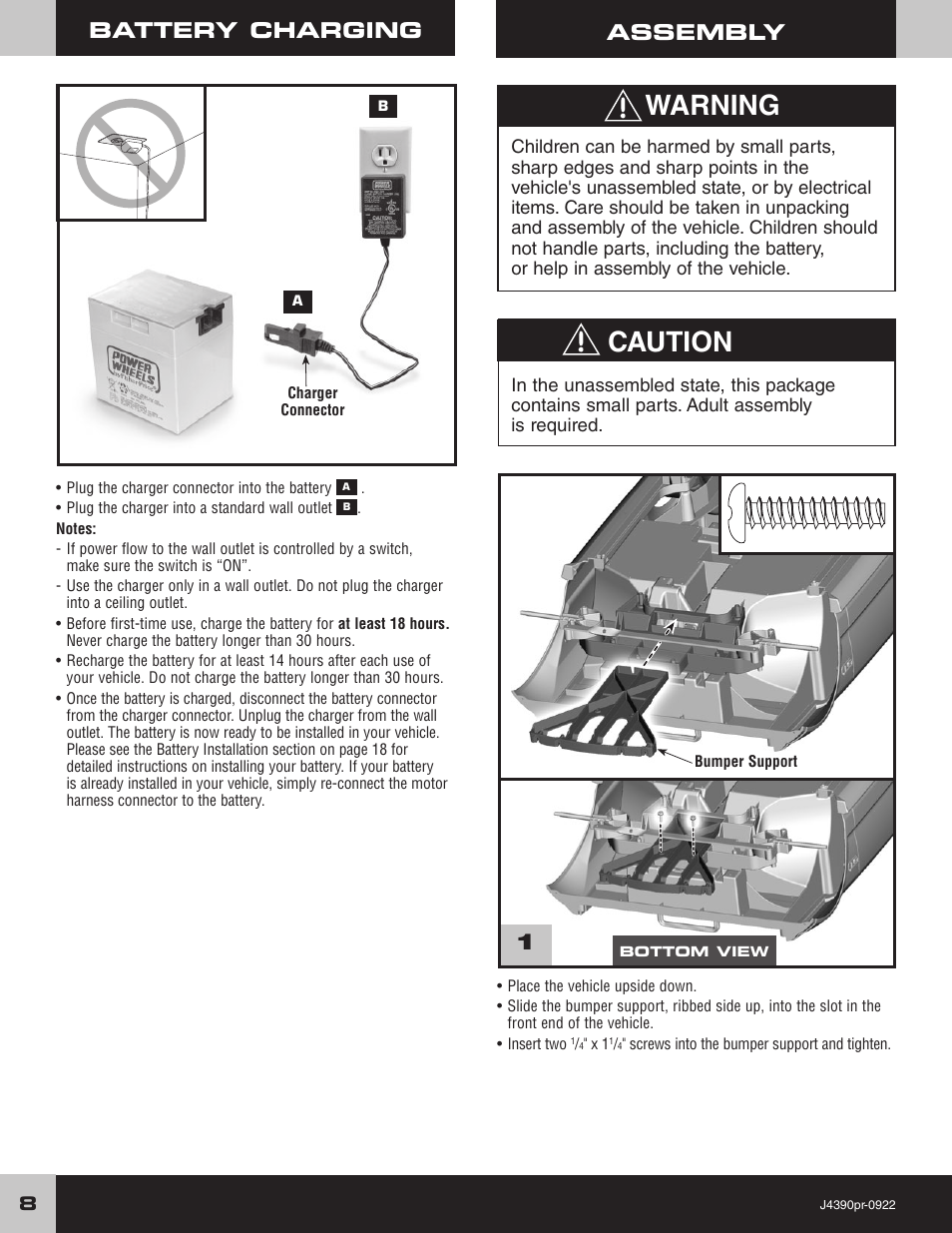 Warning, Caution, Assembly battery charging | Fisher-Price MUSTANG J4390 User Manual | Page 8 / 28