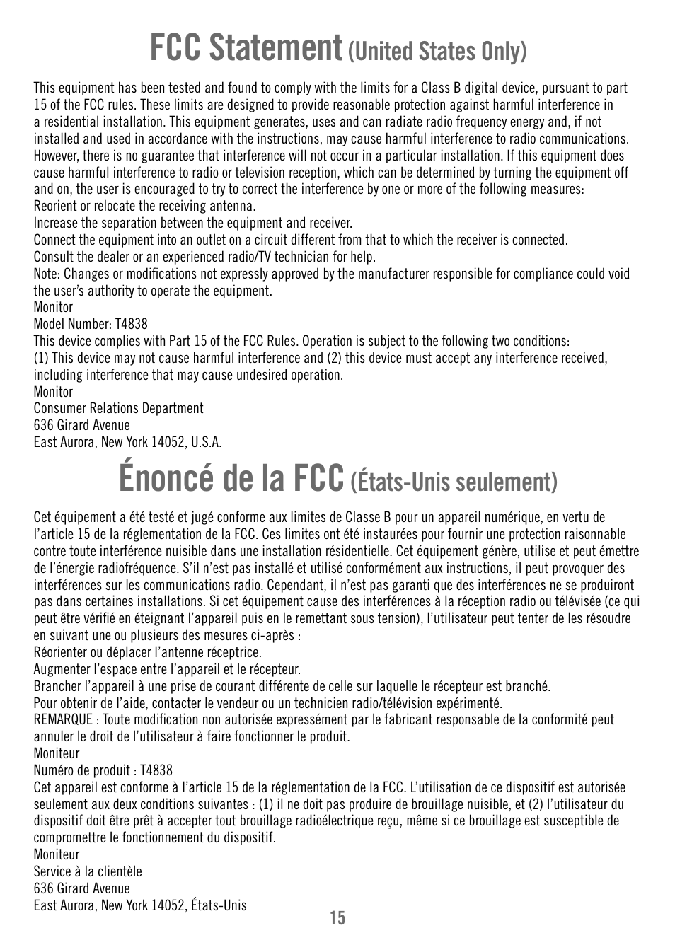 Fcc statement, Énoncé de la fcc | Fisher-Price T4838 User Manual | Page 15 / 16