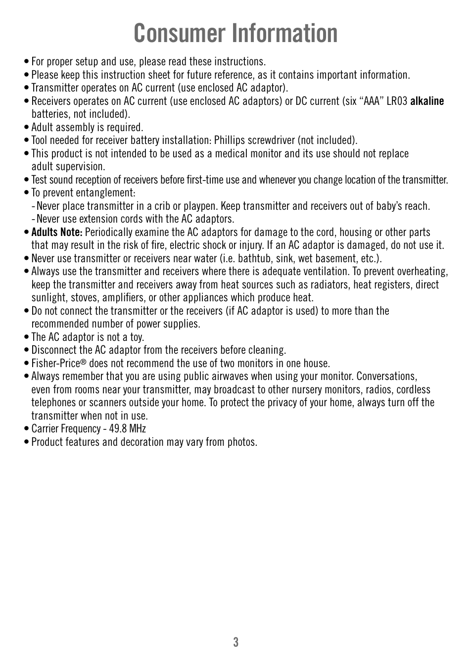 Consumer information | Fisher-Price T4838 User Manual | Page 3 / 16