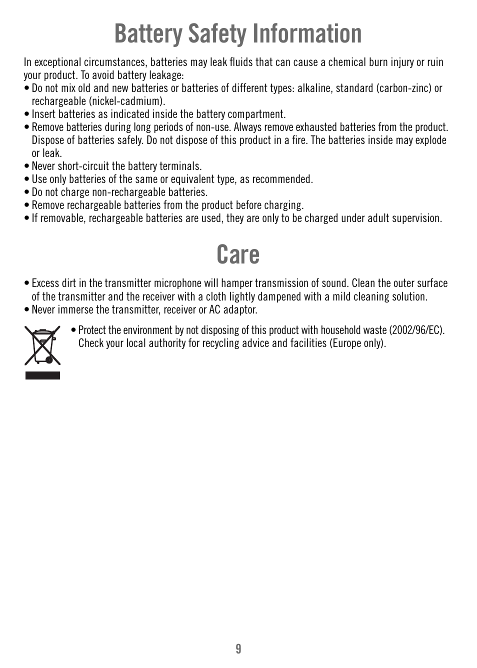 Battery safety information, Care | Fisher-Price T4838 User Manual | Page 9 / 16