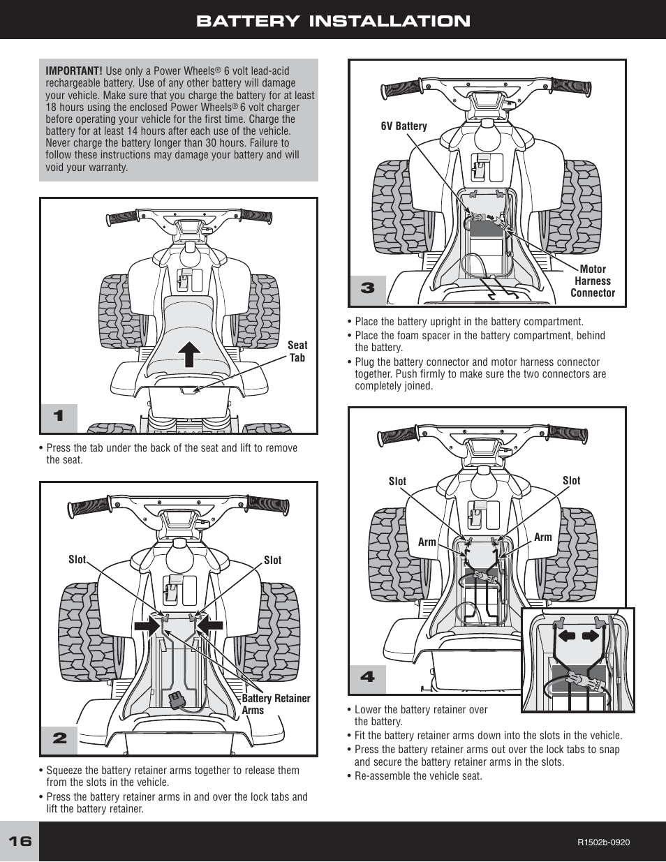 Battery installation | Fisher-Price TRAIL RAIDER R1502 User Manual | Page 16 / 24
