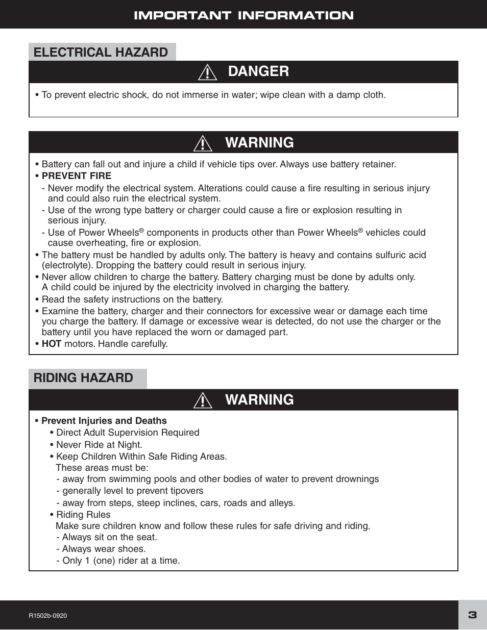 Warning, Danger warning, Electrical hazard | Riding hazard | Fisher-Price TRAIL RAIDER R1502 User Manual | Page 3 / 24