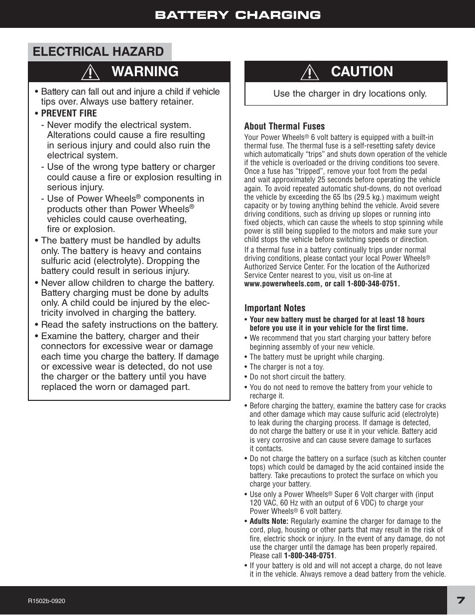 Warning, Caution, Electrical hazard | Battery charging | Fisher-Price TRAIL RAIDER R1502 User Manual | Page 7 / 24