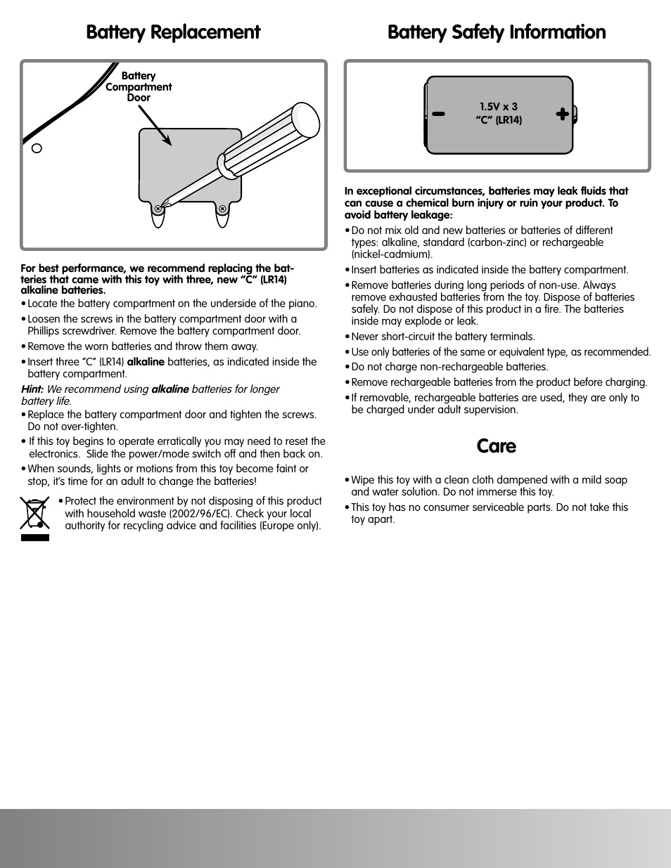 Battery replacement, Battery safety information, Care | Fisher-Price J9163 User Manual | Page 4 / 5