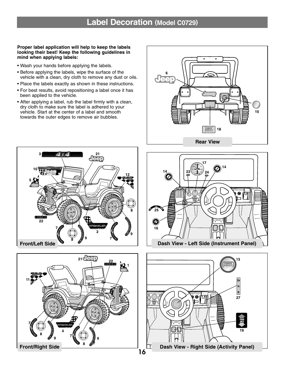 Label decoration, Model c0729) | Fisher-Price C0727 User Manual | Page 16 / 24