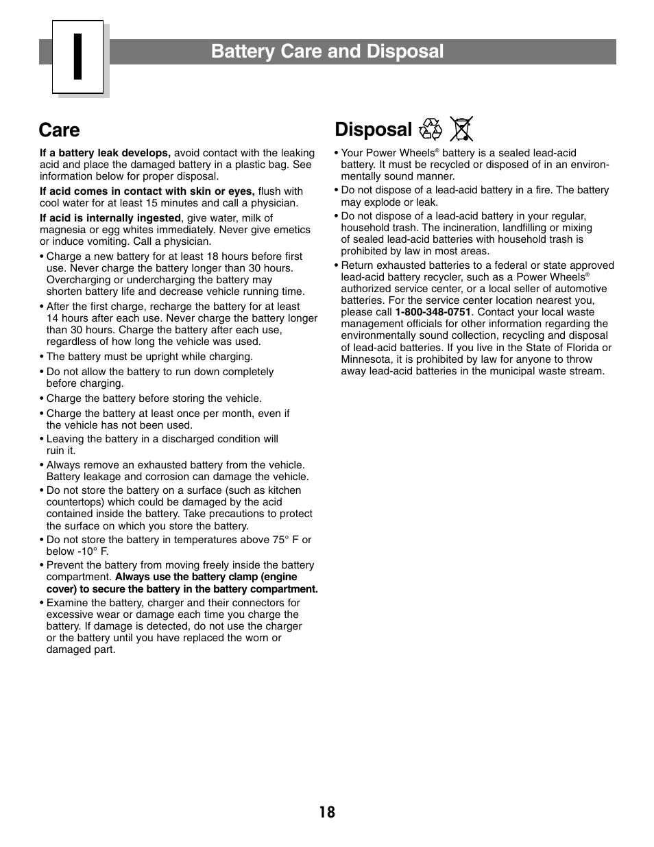 Battery care and disposal, Care, Disposal | Fisher-Price C0727 User Manual | Page 18 / 24