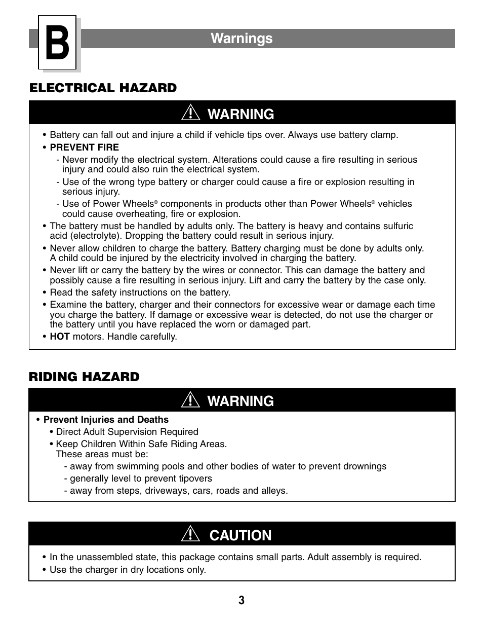 Warnings, Warning, Caution | Fisher-Price C0727 User Manual | Page 3 / 24