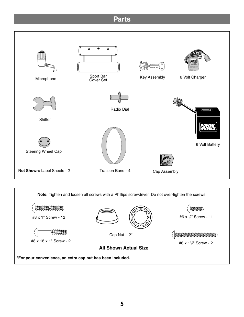 Parts, All shown actual size | Fisher-Price C0727 User Manual | Page 5 / 24