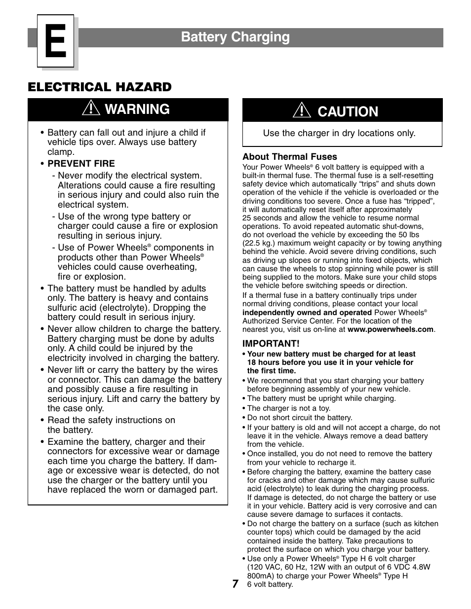 Battery charging, Caution, Warning | Electrical hazard | Fisher-Price C0727 User Manual | Page 7 / 24