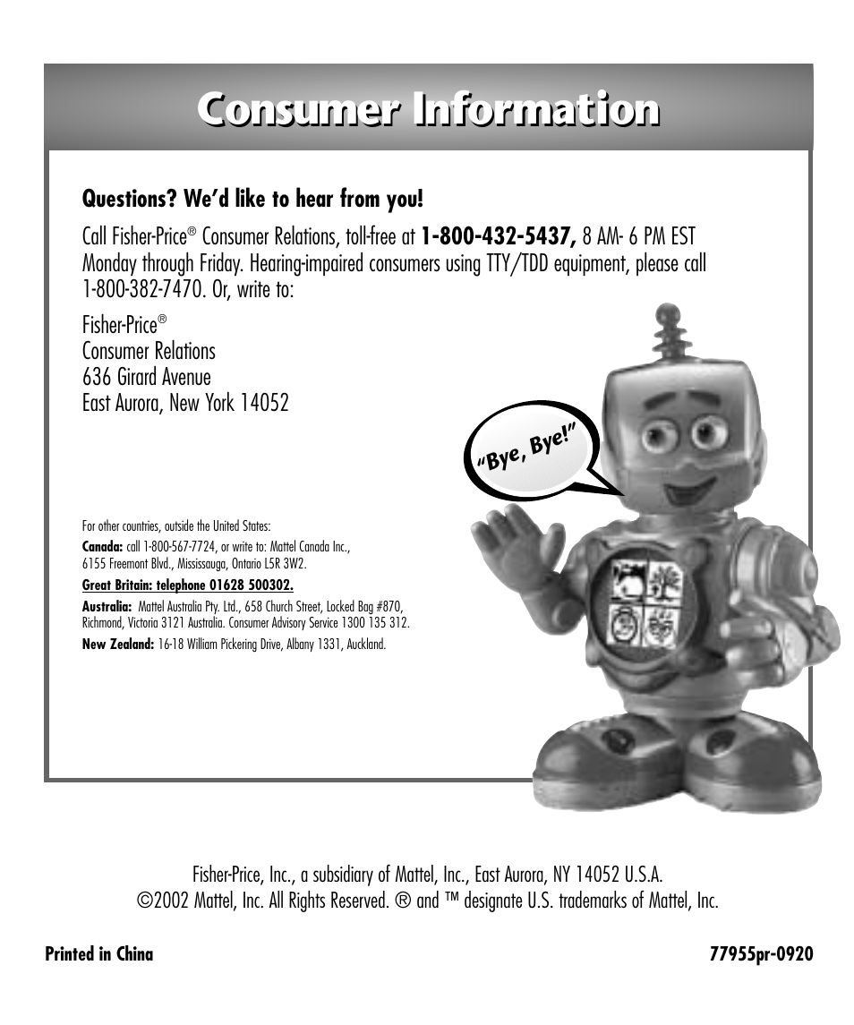 Consumer information | Fisher-Price Baby Toy User Manual | Page 20 / 20