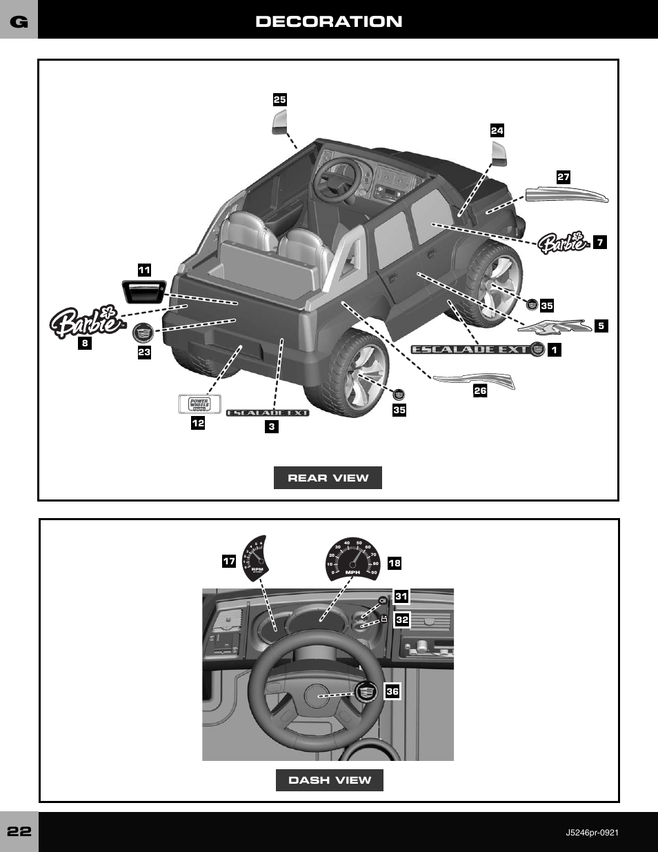 Decoration, Rear view dash view | Fisher-Price CADILLAC ESCALADE CUSTOM EDITION J5246 User Manual | Page 22 / 36