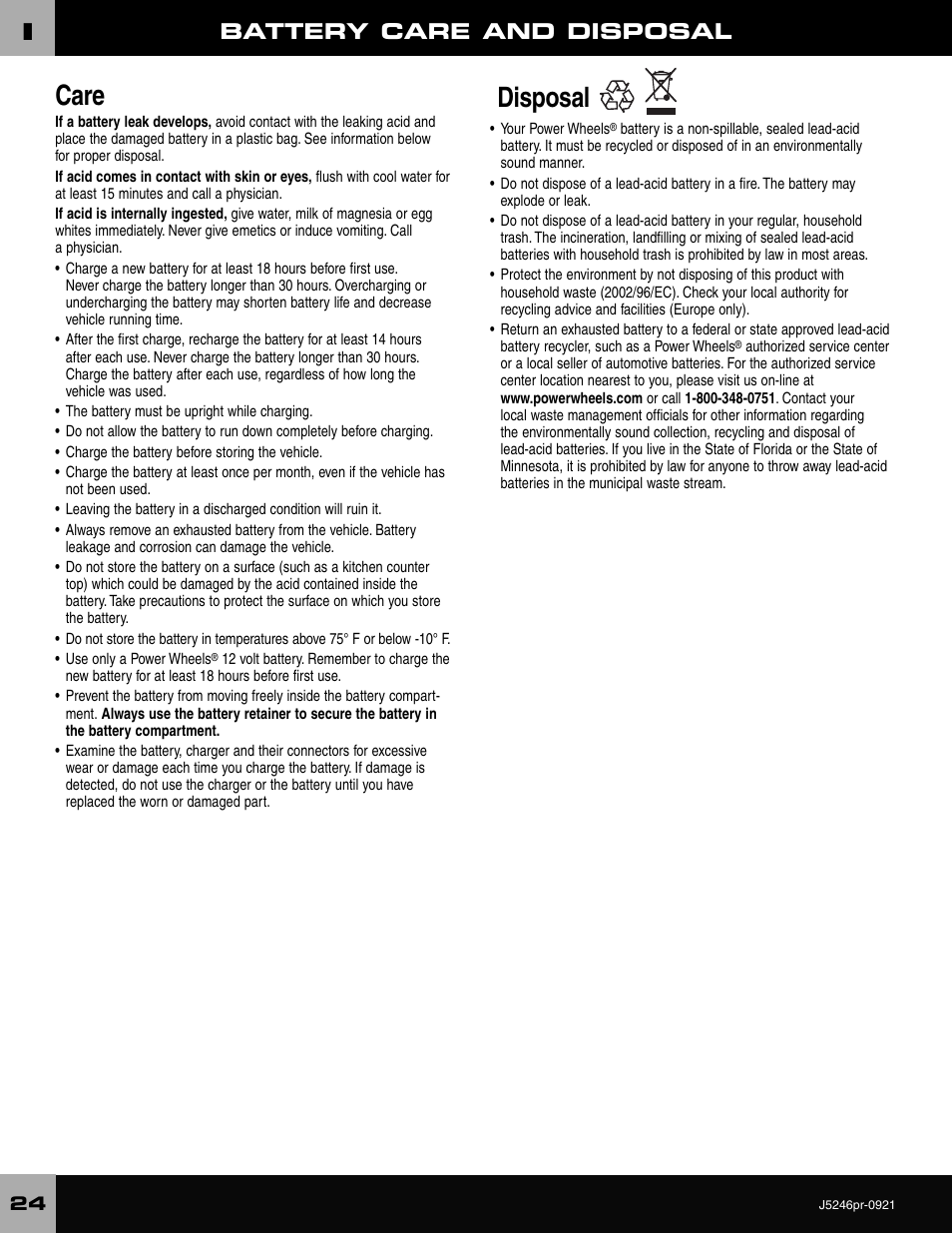 Care, Disposal, Battery care and disposal | Fisher-Price CADILLAC ESCALADE CUSTOM EDITION J5246 User Manual | Page 24 / 36