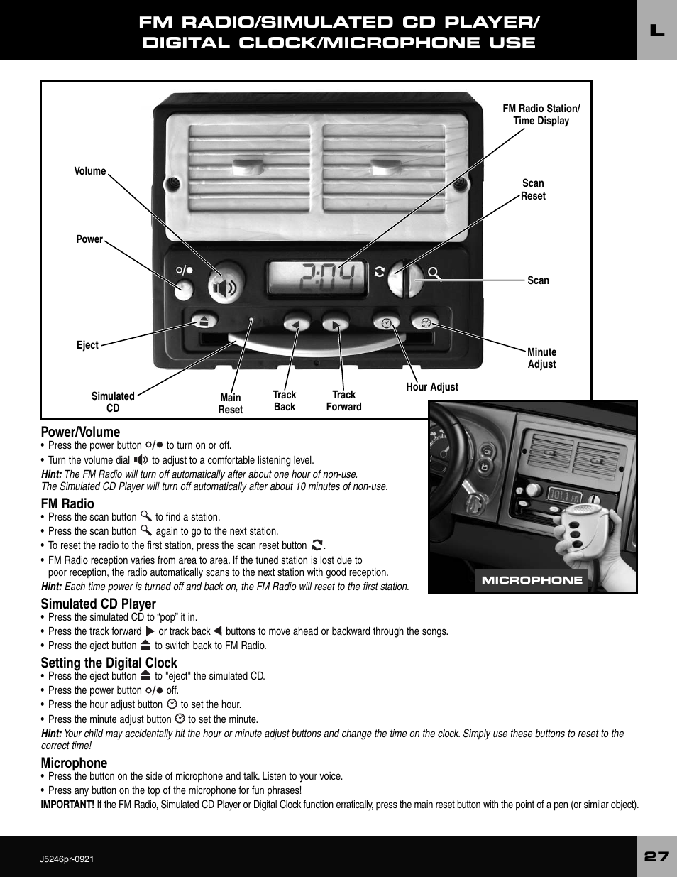 Power/volume, Fm radio, Simulated cd player | Setting the digital clock, Microphone | Fisher-Price CADILLAC ESCALADE CUSTOM EDITION J5246 User Manual | Page 27 / 36