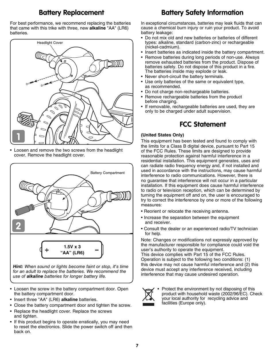 Fcc statement, Battery replacement battery safety information | Fisher-Price N1366 User Manual | Page 7 / 8