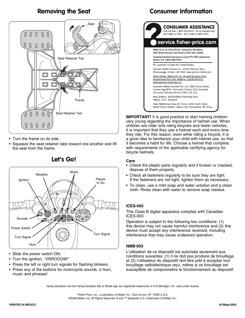 Removing the seat let's go! consumer information | Fisher-Price N1366 User Manual | Page 8 / 8