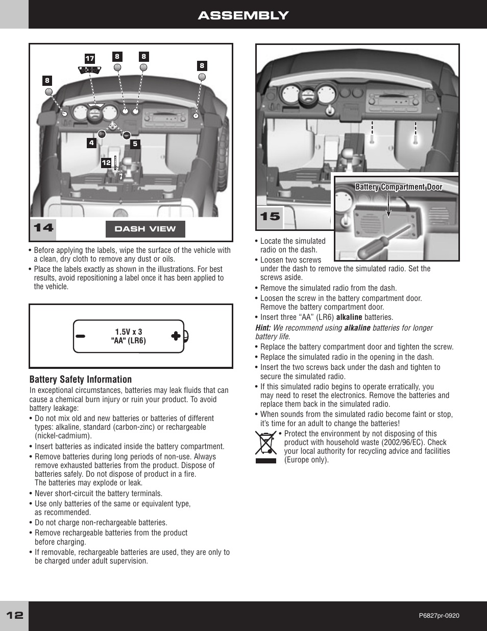 Assembly | Fisher-Price MUSTANG P6827 User Manual | Page 12 / 28