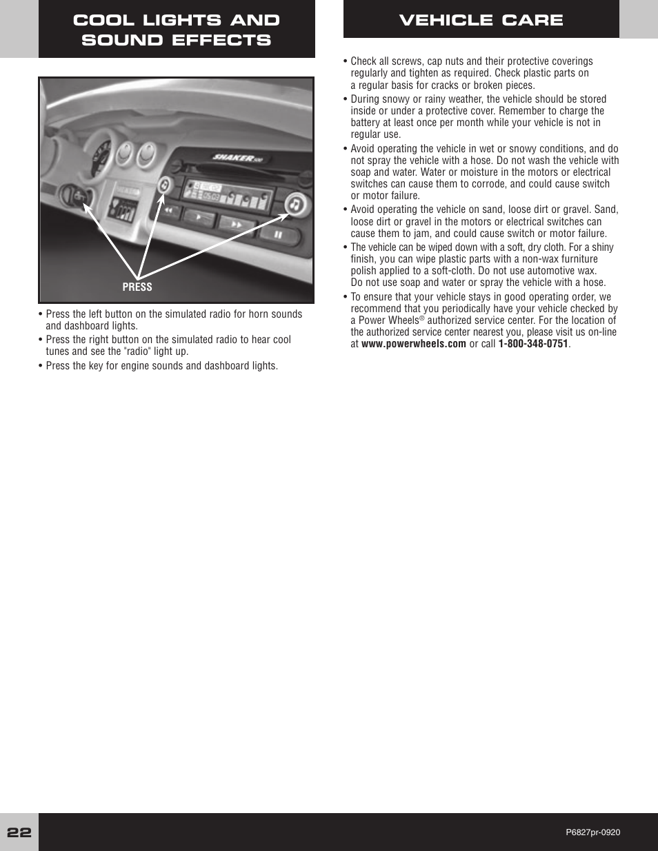 Cool lights and sound effects, Vehicle care | Fisher-Price MUSTANG P6827 User Manual | Page 22 / 28