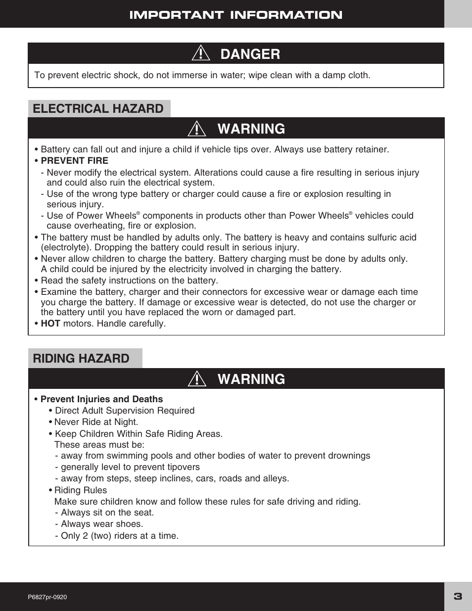 Warning danger, Warning, Electrical hazard | Riding hazard | Fisher-Price MUSTANG P6827 User Manual | Page 3 / 28