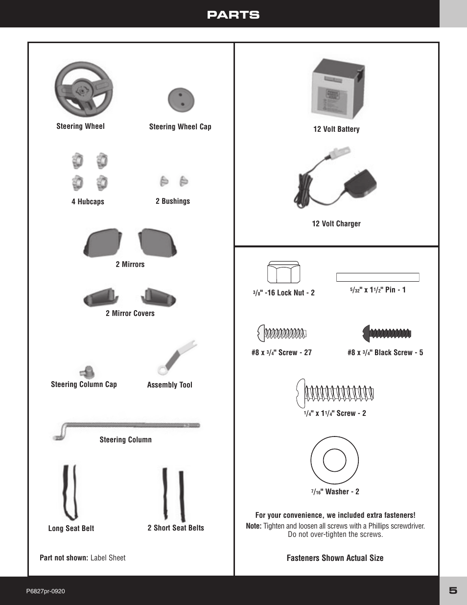 Parts, Fasteners shown actual size | Fisher-Price MUSTANG P6827 User Manual | Page 5 / 28