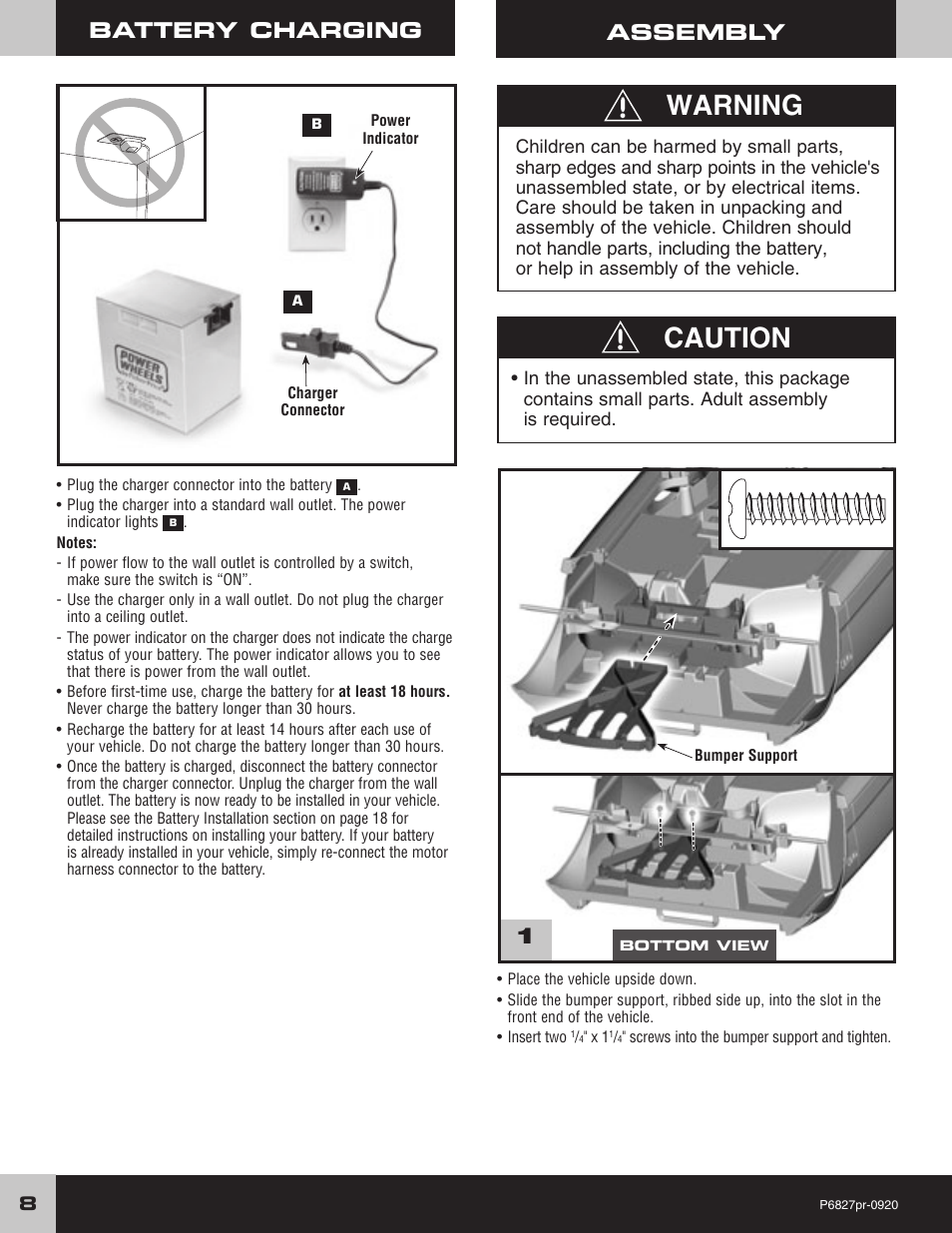 Warning, Caution, Battery charging | Assembly | Fisher-Price MUSTANG P6827 User Manual | Page 8 / 28