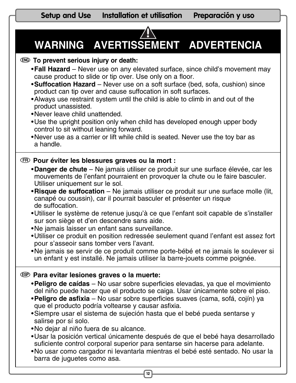 Warning avertissement advertencia | Fisher-Price M5598 User Manual | Page 12 / 16