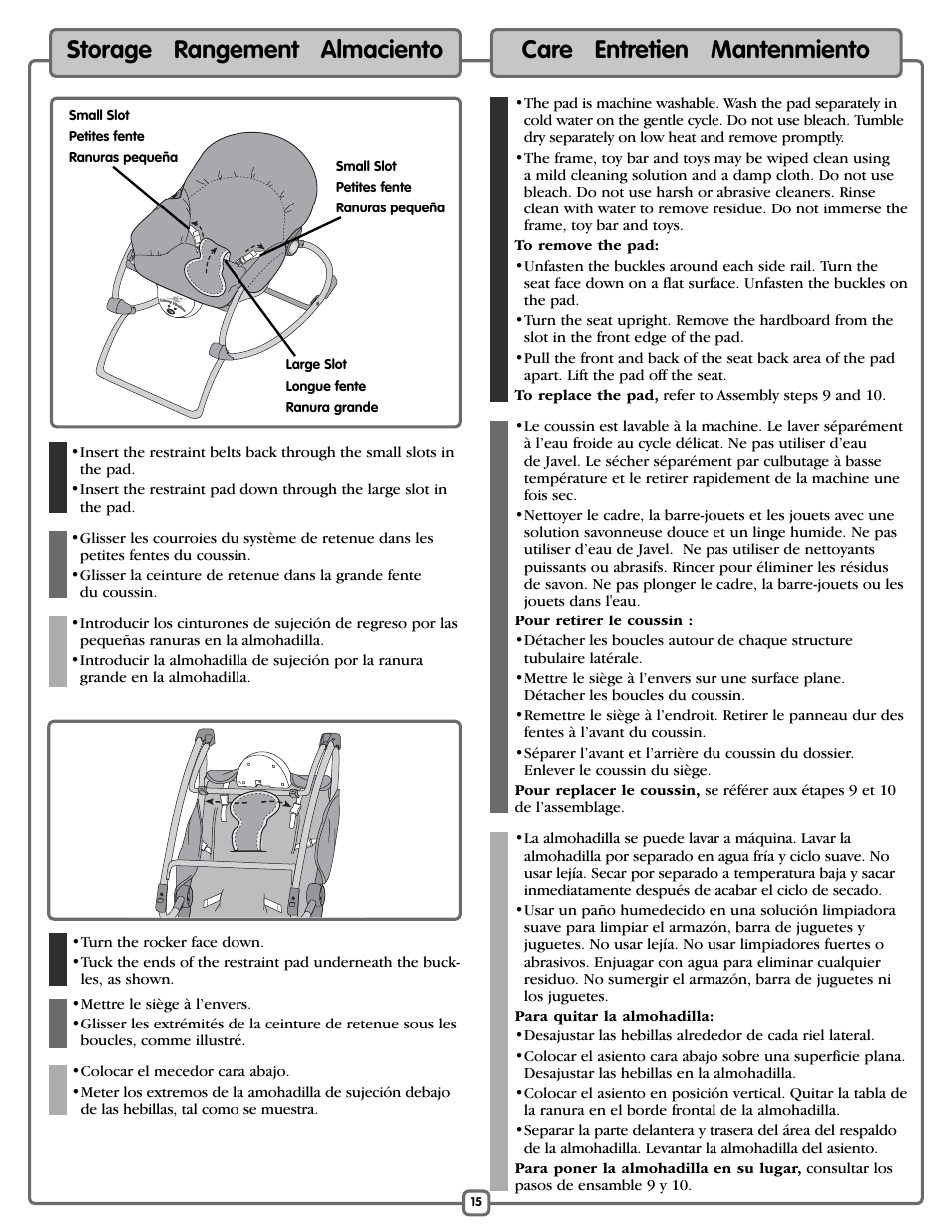 Storage rangement almaciento, Care entretien mantenmiento | Fisher-Price M5598 User Manual | Page 15 / 16