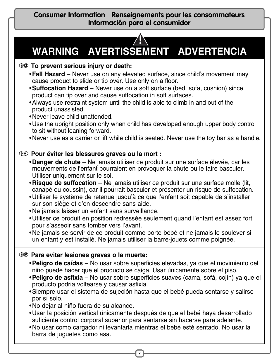 Warning avertissement advertencia | Fisher-Price M5598 User Manual | Page 2 / 16